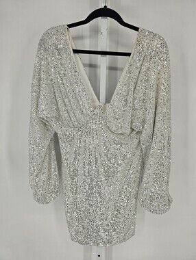 Fashion Nova Silver Sequin Plunge Long-Sleeve Mini Dress